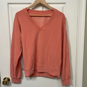 Athleta Willow V-Neck Sweatshirt Size S Peach Sunset Glow Pullover Long Sleeve